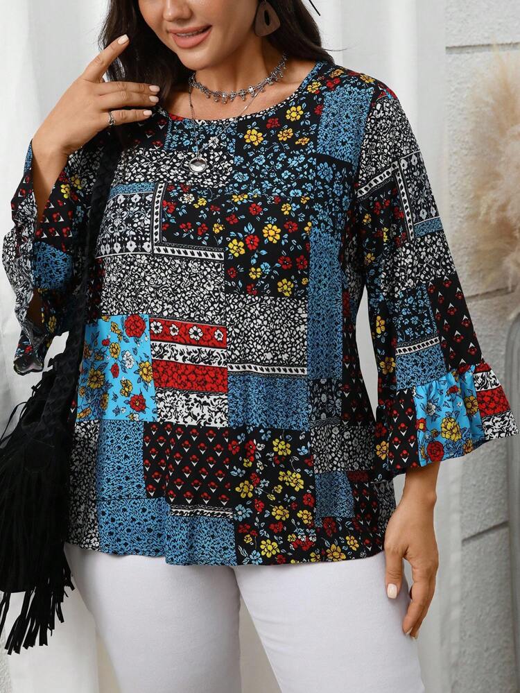 Plus Size Women's Fall Daily Casual Vacation Vintage Floral Print Round Neck 3/4 Sleeve Ruffle Cuff Floral Print Blouse Tops, Autumn, Fall Women Country Concert Boho Winter,Fall,Vintage,Going Out,2025 New