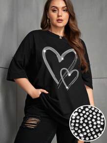 SHEIN Plus Size Women's Rhinestone Heart Dropped Shoulder Loose Casual Round Neck T-Shirt
