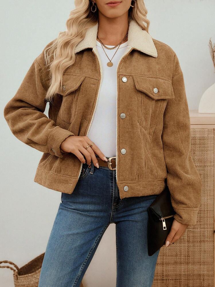 EMERY ROSE Women's Casual Corduroy Regular Jacket, Autumn/Winter Corduroy Jacket Women Fall Jackets For Women Brown Jacket Women Jackets - Brown - View 5