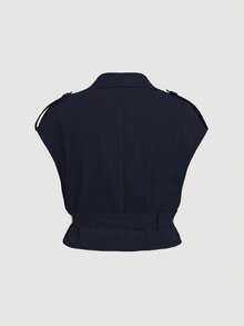 SHEIN MOD Áo gió ngắn không tay vải lanh thanh lịch đa năng màu xanh nước biển cỡ lớn - Màu xanh hải quân - Xem 2