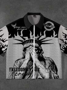 SHEIN 青少年男孩休闲图案印花短袖拉链衬衫，适合夏季 - 彩色 - 查看 3