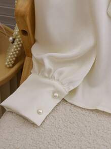 SHEIN Áo sơ mi dài tay cài nơ màu trơn đơn giản dành cho bé gái tuổi teen - Màu be - Xem 4