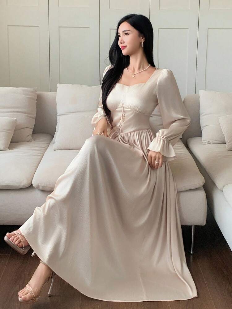 Women's Elegant Solid Color Criss-Cross Waist Midi Dress