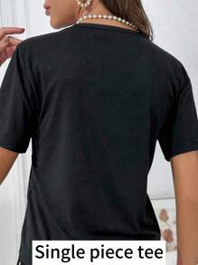 Eyelash Letter Print Crew Neck Knit Short Sleeve Sleepwear Top - Black - View 2