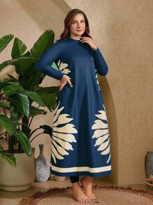 Swim Mulvari 3pcs Plus Size Women Modest Printed Long Sleeve Rash Guard & Burkini Swimsuit Set For Summer Beach Vacation - Navy Blue - View 3