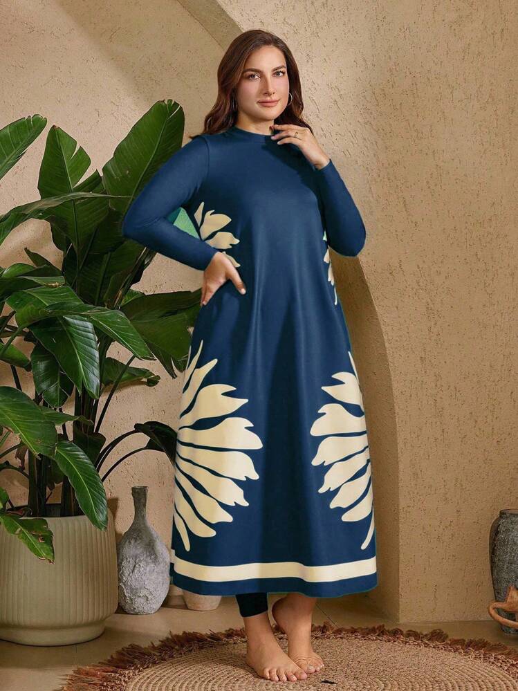 Swim Mulvari Set de 3 piezas de traje de baño burkini y camiseta de protección solar de manga larga con estampado para mujeres de talla grande - Azul Marino - Añade 3