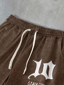 PAVTROS Manfinity Streetrush Men's Contrast Color "Bar" Letter Print Drawstring Waist Wide Leg Sweatpants Brown Sweatpants Men Sweatpants - Multicolor - View 5