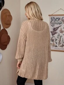 LanaWest Chunky Knit Drop Shoulder Cardigan,Long Sleeve Tops - Khaki - View 2