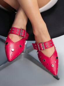 CUCCOO GRLICON Fashionable Metal Leather Belt Buckle Rivet Red Sandals - Red - View 5