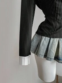 Elamini 黑色条纹亚麻面料撞色白领纽扣衬衫，复古优雅女士通勤休闲装，春秋季 - 黑色 - 查看 8