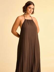 CAJUNI Plus Size Women's Boho Brown Pleated Halter Tie-Up Tassel Sleeveless Casual Summer Dress - Brown - View 4