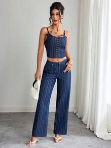 Elenzga Camizolă din denim cu curea și fundă pentru femei, la modă, casual