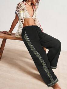 Bohemela 波西米亚风西式纯色梭织低腰宽松直筒女式水洗裤 - 黑色 - 查看 3