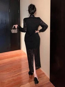 DAZY Women's Lace Fabric Bowknot Long Sleeve Loose Cardigan And A-Line Skirt Elegant 2 Pieces Set,Fall Women Clothes - Black - View 5