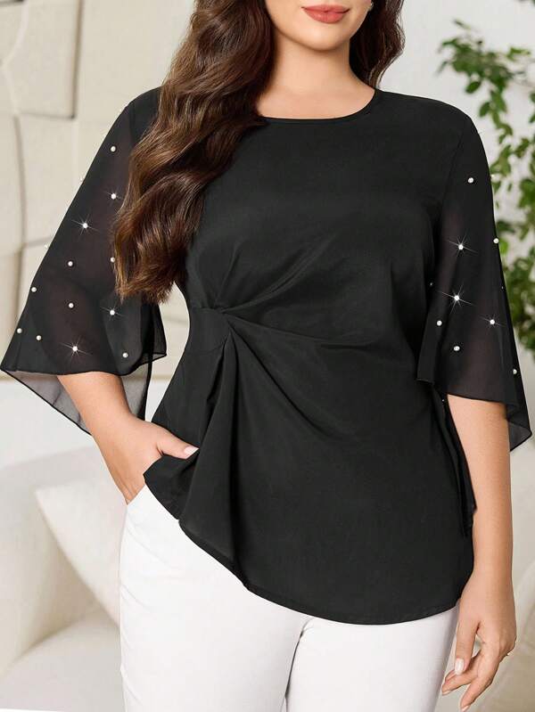 Reflora Plus Size Elegant Black Round Neck Mesh Panel Faux Pearl Blouse,Curve Women's Autumn Formal Evening Night Shirt, Waist Pleated Top Fall Fashion 2026