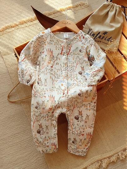 Vintaside Kids 男婴可爱花卉、兔子、动物和植物印花连体衣，面料舒适，适合春秋过渡季节和冬季穿着。