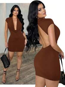 SHEIN SXY Váy ngắn ôm sát hở lưng cổ xếp nếp màu đen gợi cảm dành cho nữ, mùa hè - màu nâu - Xem 1