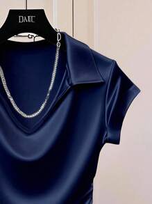 SHEIN Franclia 女士休闲纯色缎面亮面T恤衫，适合大学穿着 - 藏蓝色 - 查看 4