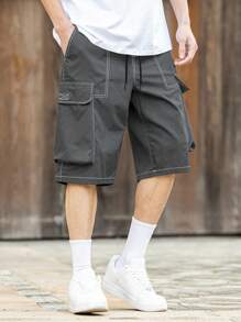 Manfinity Roghcode Men's Solid Color Minimalist Casual Pocket Shorts - Dark Grey - View 4