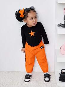 Bubblio Babygirl Cute Black Star Pattern Long Sleeve Top With Elastic Waist Orange Pants 2-Piece Set, Fashionable Outfit For Outings, Autumn/Winter Toddler Orange Outfit Baby 70s Outfit Groovy Toddler Outfit Toddler Black Top Orange Pants Baby Girl Outfits Fall - Multicolor - View 6
