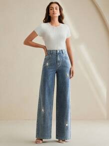 Anewsta 时尚女式水钻口袋休闲阔腿牛仔裤 - 藍色 - 查看 3