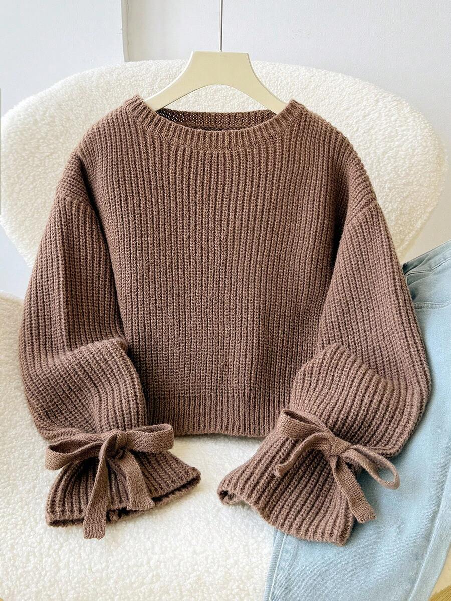 SHEIN 少女秋冬棕色咖啡色针织罗纹袖口蝴蝶结宽松套头毛衣，适合秋冬休闲日常穿着，可与妈妈搭配，时尚秋季，母女棕色针织毛衣，袖口系带 - 鏽棕色 - 查看 1