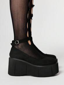 ROMWE Goth 厚底圆头扣平底鞋，朋克哥特风格浅口舒适休闲女鞋 - 黑色 - 查看 4