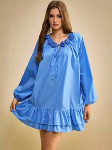 Muvela Váy nhiều lớp tay đèn lồng họa tiết hoa 3D trơn màu thời trang thu đông 2025 dành cho nữ, thường ngày phong cách Y2K, lễ hội âm nhạc đồng quê, phong cách cổ điển, dạo phố, công sở, hẹn hò, tiệc tùng, đi chơi sân bay, trở lại trường học - Màu xanh lam - Xem 3