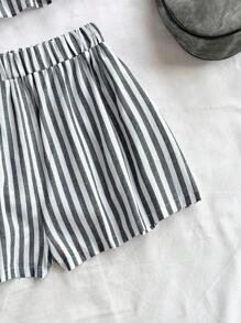 Soleia Bộ 2 món/Bộ đồ nữ áo hai dây buộc trước họa tiết sọc và quần short thường ngày, trang phục đi biển mùa hè cho kỳ nghỉ, bộ đồ đi biển 2 món, bộ đồ ngắn cho nữ, bộ đồ đi biển 2 món cho nữ mùa hè - Đen và trắng - Xem 6