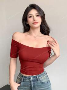 DAZY 夏季女士纯色露肩紧身短袖短款上衣 - 紅色 - 查看 3