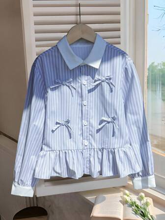 Genkimix Kids 少女蝴蝶结装饰荷叶边下摆条纹长袖衬衫