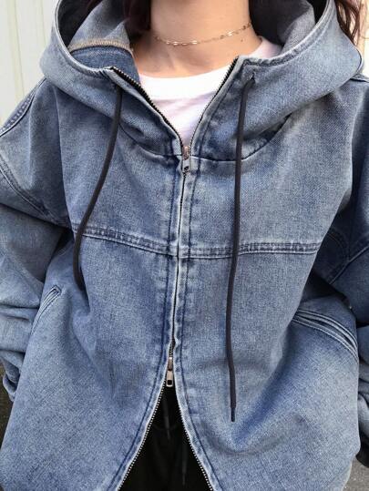 FRIFUL Áo khoác denim hoodie dài tay có túi khóa kéo phía trước dành cho nữ