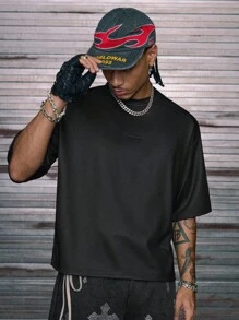 AXEPEAK 男士针织休闲宽松短袖T恤，时尚日常穿着 - 黑色 - 查看 2