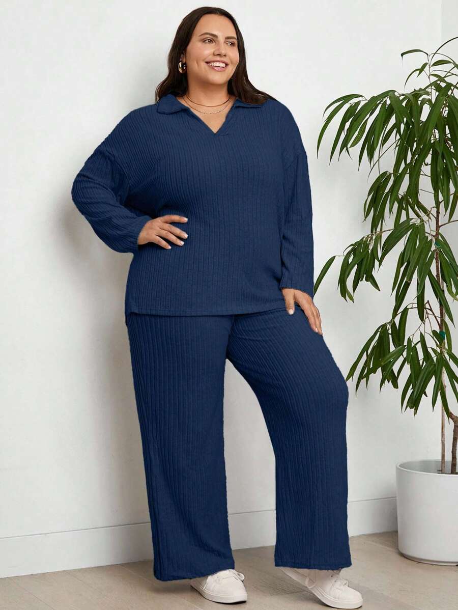 RueChic Conjunto de 2 piezas de top de manga larga y pantalones de unicolor casual en talla grande