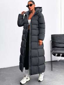 EURMUSE Iconic A Shape Silhouette Zip Up Hooded Padded Long Extra Warm Winter Coat - Navy Blue - View 4