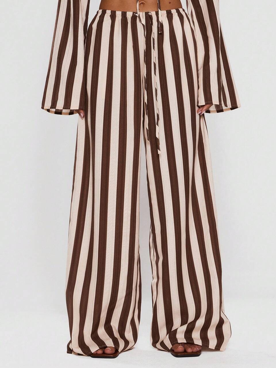 Cream & Brown Stripe Linen Look Wide Leg Trousers
