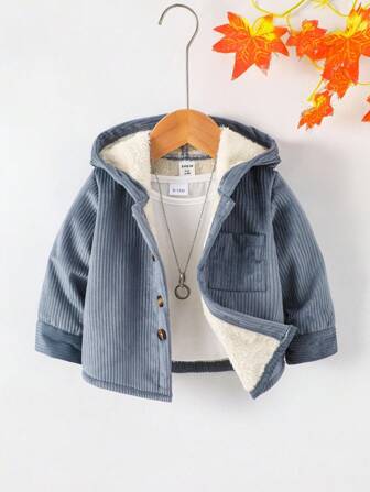SHEIN Vintaside Kids Baby Boy Solid Color Front Button Pocket Corduroy Hooded Lined Long Sleeve Jacket, Suitable For Autumn/Winter Baby Boy Corduroy Jacket Baby Boy Hooded Jacket Baby Boy Winter Coat Baby Boy Fall Jacket Toddler Boy Corduroy Jacket