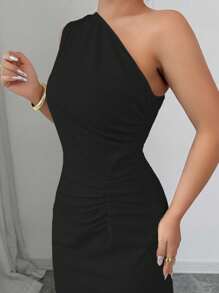 Elenzga 无袖斜肩收腰优雅浪漫数码印花女式连衣裙 - 黑色 - 查看 4