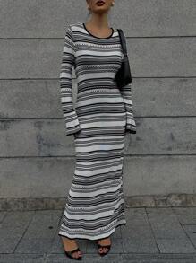 DAZY Black & White Striped Knit Dress For Women,Fall Women Clothes Women Sweater Dresses - Multicolor - View 5