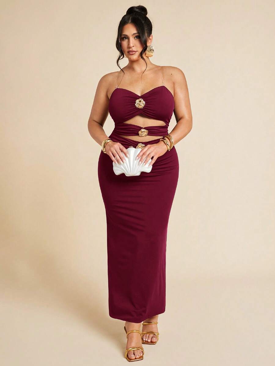 SHEIN BAE Große Größen Damen Schwarzes Metalldekor Ausschnitt-Kleid, Urlaub - Bordeaux - Übersicht 1