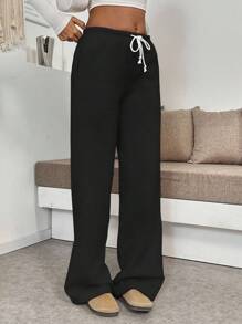 Flirla Tall 女款高腰寬腿褲，黑色冬季休閒居家抽繩鬆緊腰寬鬆舒適長褲，修飾身形秋季布料，適合高個女性 - 黑色 - 查看 5