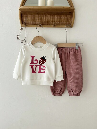 SHEIN 2pcs Baby Girls Casual Sweatshirt & Pants Set, Round Neck Long Sleeve Pullover Top, Elastic Waist Tapered Leg Pants, Fashionable Strawberry & English Letter Embroidery, Comfortable For Daily Wear, Autumn/Winter