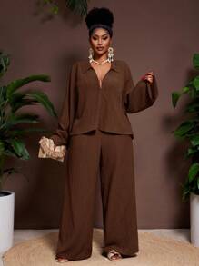 Veslaya 2025 New Spring/Fall Solid Color Jam Color V-Neck Solid Shirt With Flared Sleeves And Wide Leg Pants Set,Fall Clothes For Women - Brown - View 8