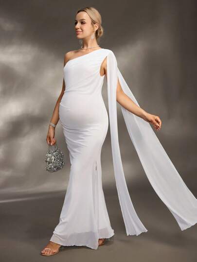 SHEIN Vestido de fotografía para mujeres embarazadas/Vestido de fiesta elegante/Vestido para baby shower, vestido largo de cola de sirena con un hombro, cintura fluida, plisado y abertura lateral