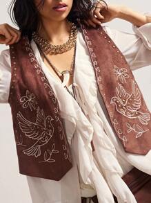 Bohemela 秋冬休闲度假纯色梭织刺绣修身女式轻便夹克 - 棕色 - 查看 2