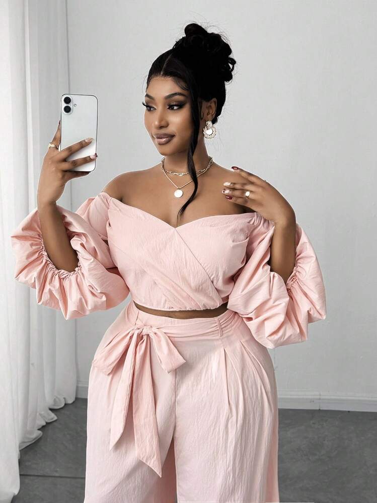 Maweii Set de 2 piezas de manga abullonada con lazo casual para tallas grandes - Rosa Pálido - Añade 3