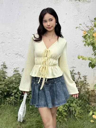 SHEIN Vintage Long Sleeve Flare Sleeve Shirt With Tie Waist For Teen Girls