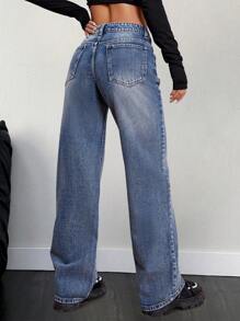 SHEIN EZwear 斜口袋闊腿牛仔褲