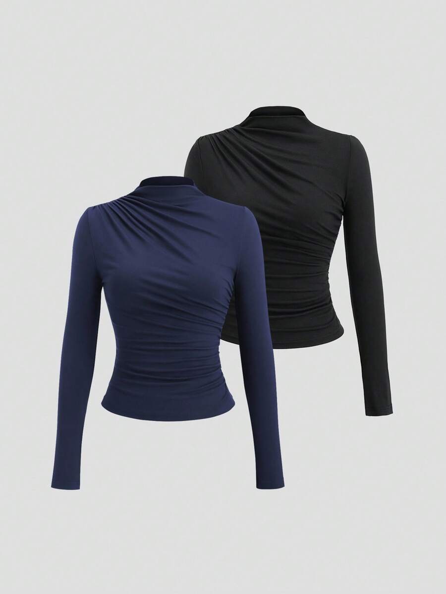 Sweetra 女式纯色 Y2K 性感立领褶饰长袖 T 恤 - 彩色 - 查看 1