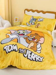 TOM & JERRY X SHEIN Juego de ropa de cama con estampado de dibujos animados y letras